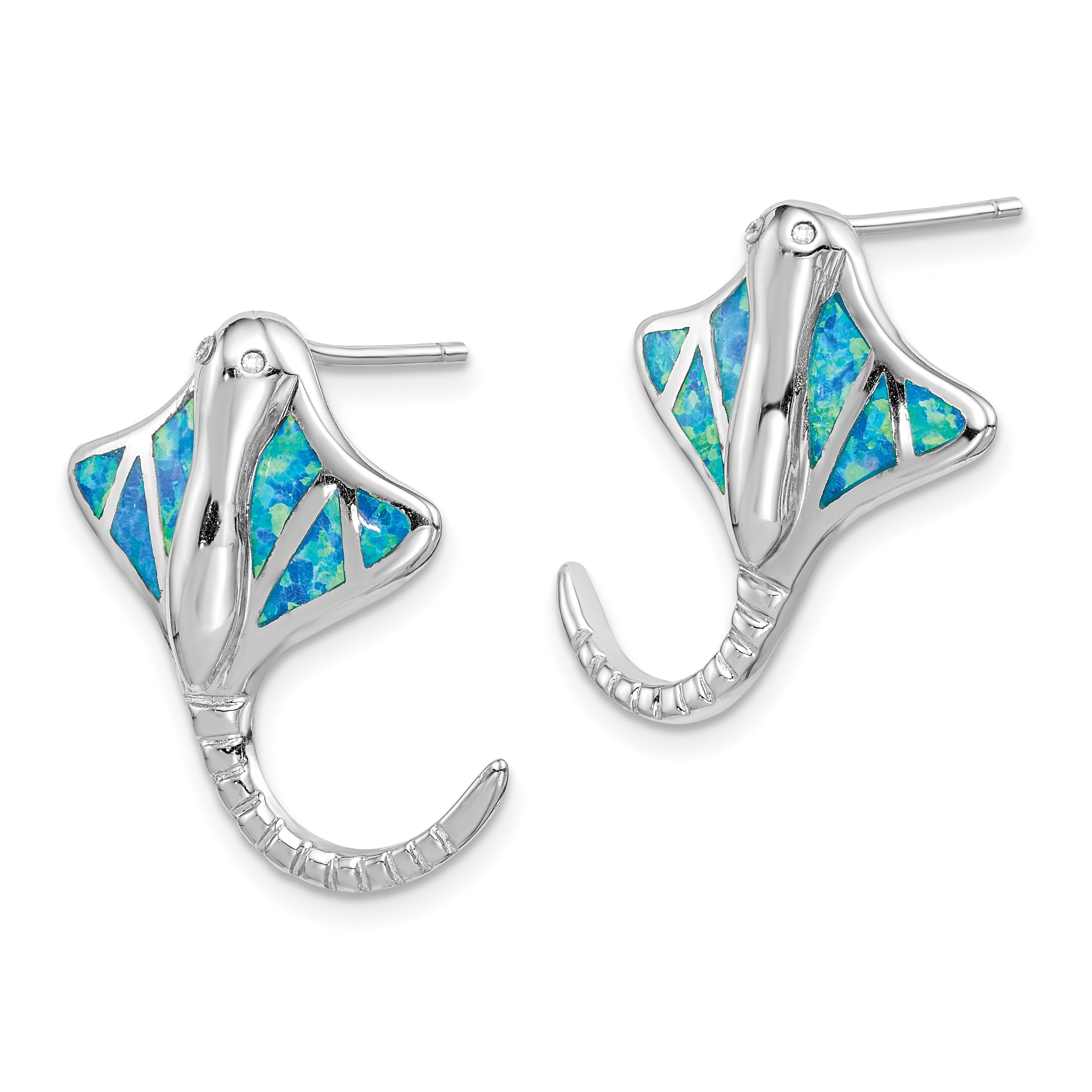 Sterling Silver Rhodium-Plated Created Blue Opal Stingray Post Earrings