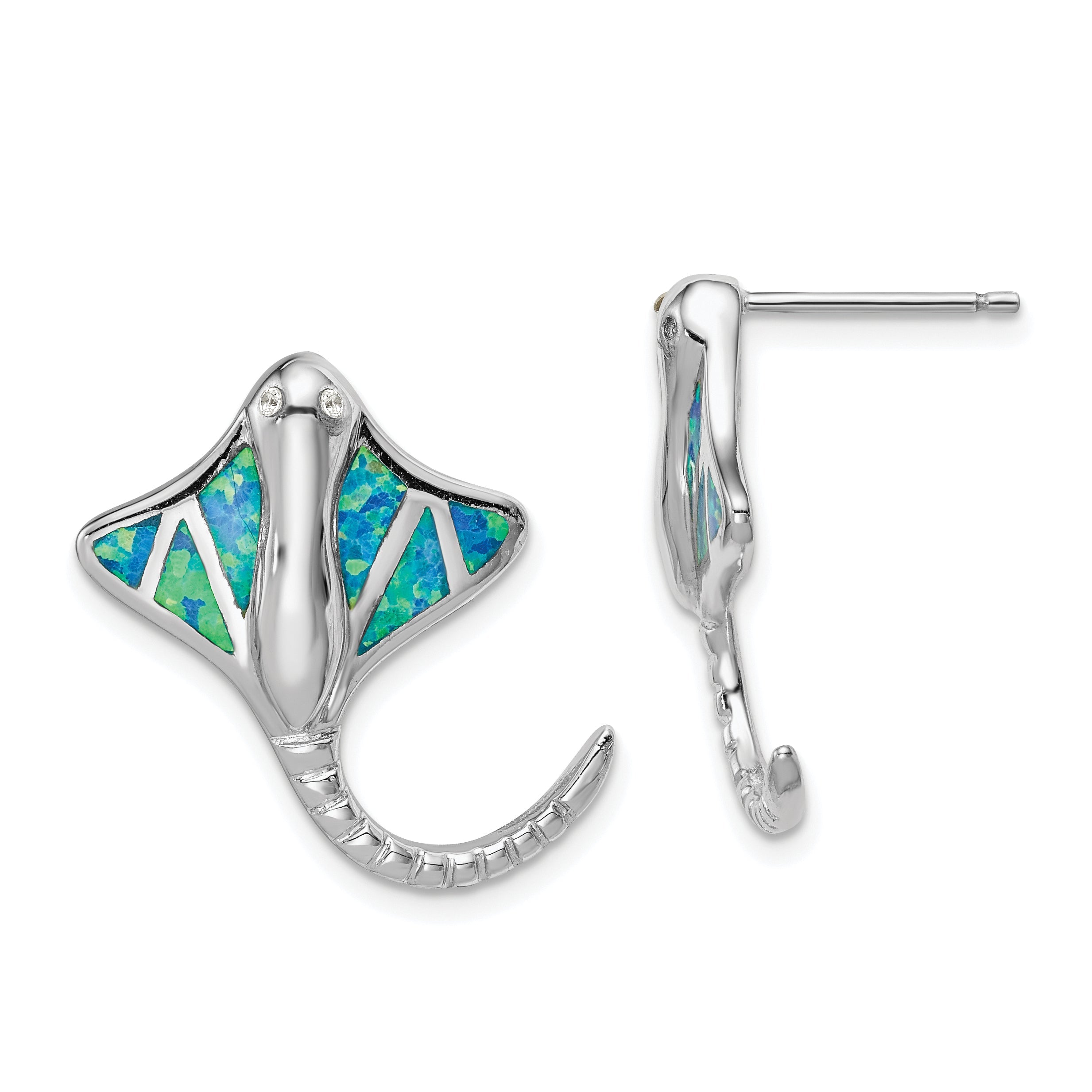 Sterling Silver Rhodium-Plated Created Blue Opal Stingray Post Earrings