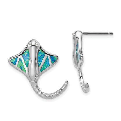 Sterling Silver Rhodium-Plated Created Blue Opal Stingray Post Earrings