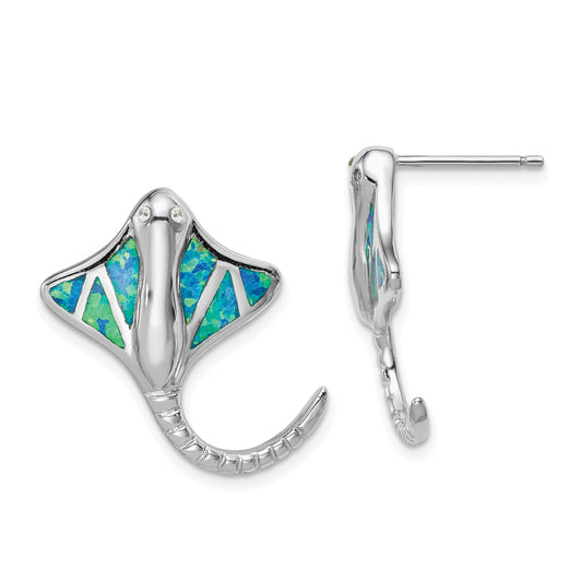 Sterling Silver Rhodium-Plated Created Blue Opal Stingray Post Earrings