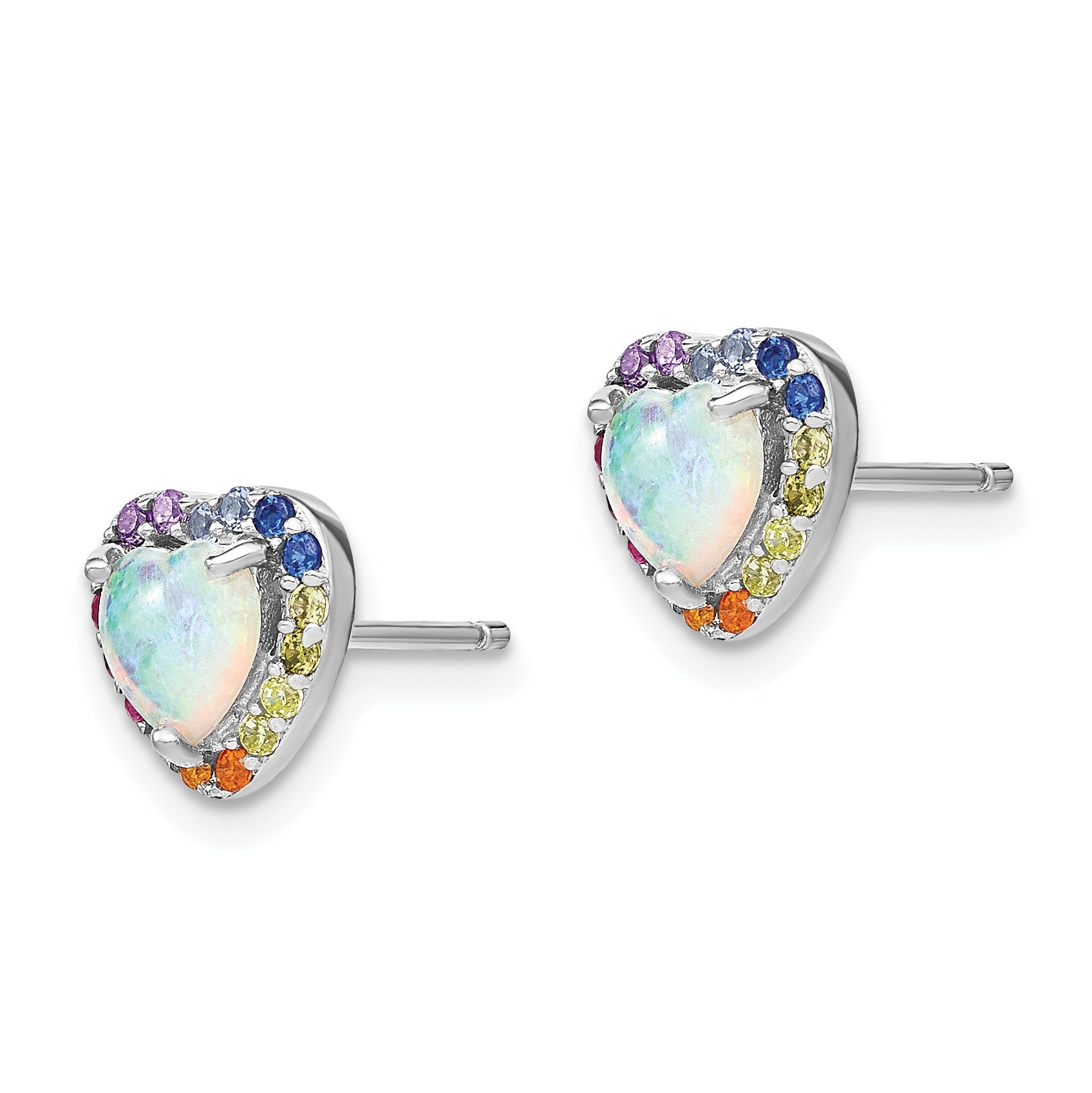 Sterling Silver Prizma Rhodium-Plated Lab Created Opal And Colorful Cz Heart Post Earrings