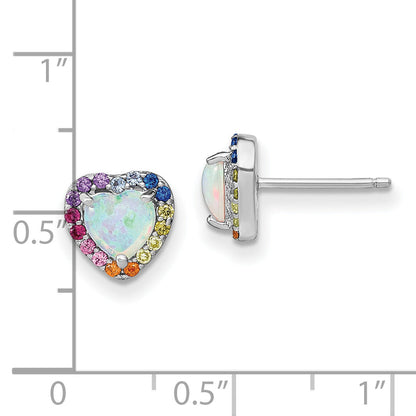 Sterling Silver Prizma Rhodium-Plated Lab Created Opal And Colorful Cz Heart Post Earrings