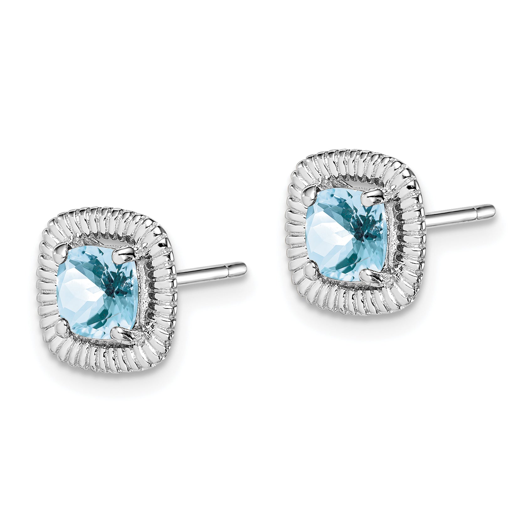 Sterling Silver Rhod-Plat Aquamarine Square Post Earrings