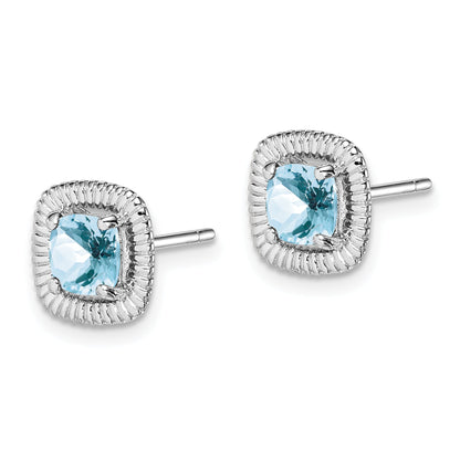 Sterling Silver Rhod-Plat Aquamarine Square Post Earrings