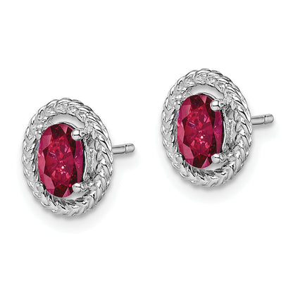Sterling Silver Rhod-Plat Created Ruby Oval Post Earrings
