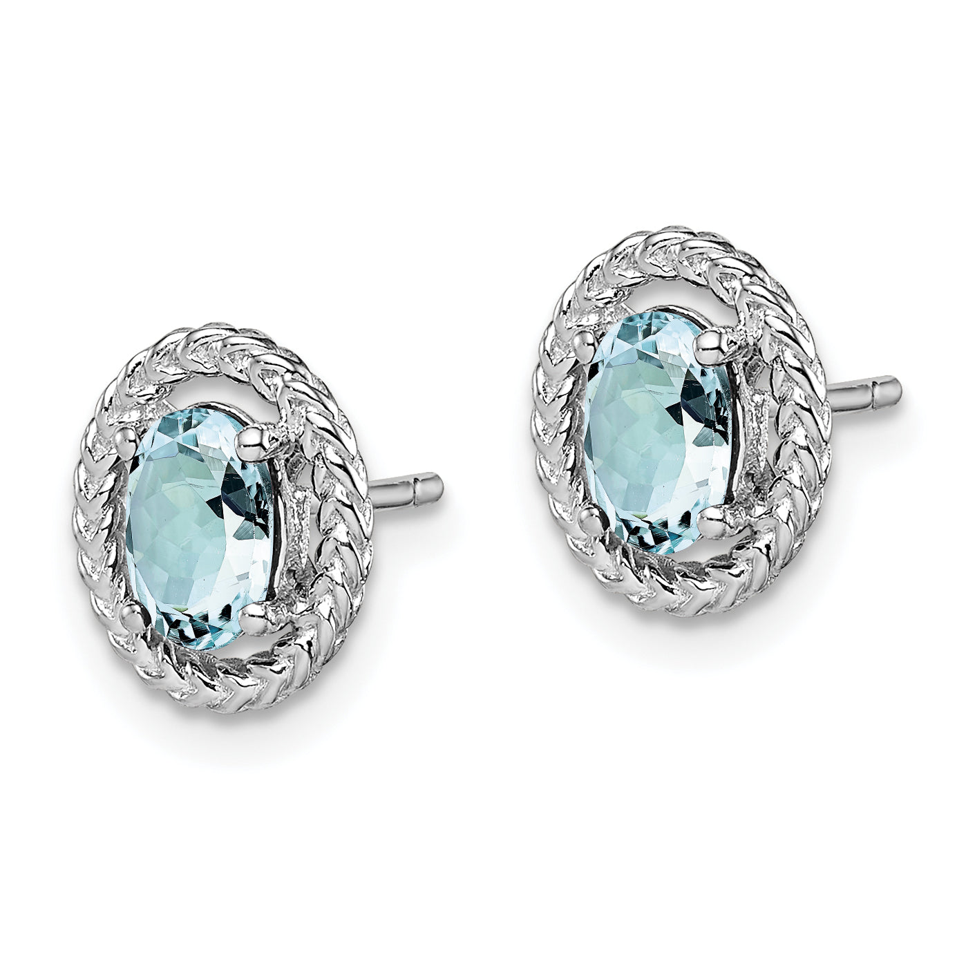 Sterling Silver Rhod-Plat Aquamarine Oval Post Earrings