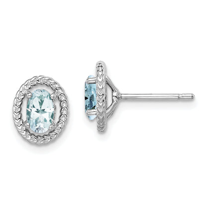 Sterling Silver Rhod-Plat Aquamarine Oval Post Earrings