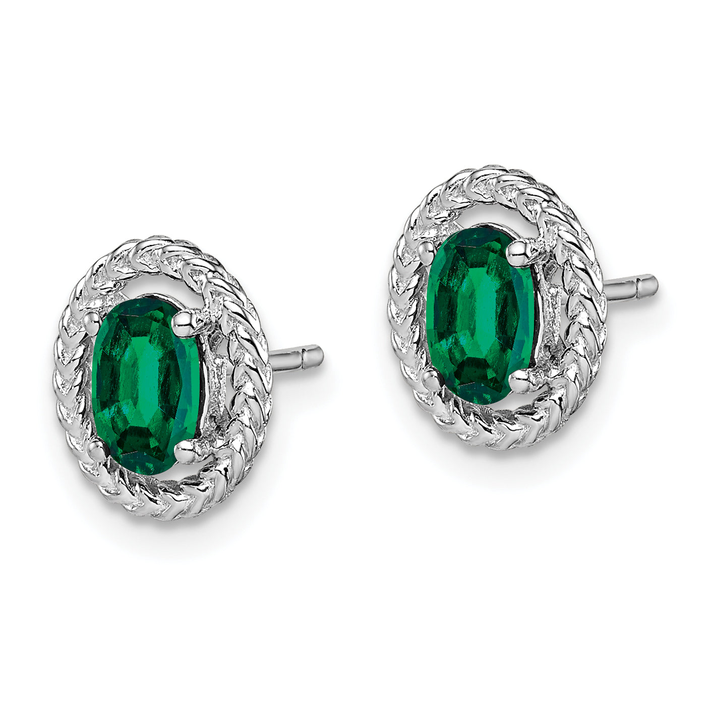 Sterling Silver Rhod-Plat Created Emerald Oval Post Earrings