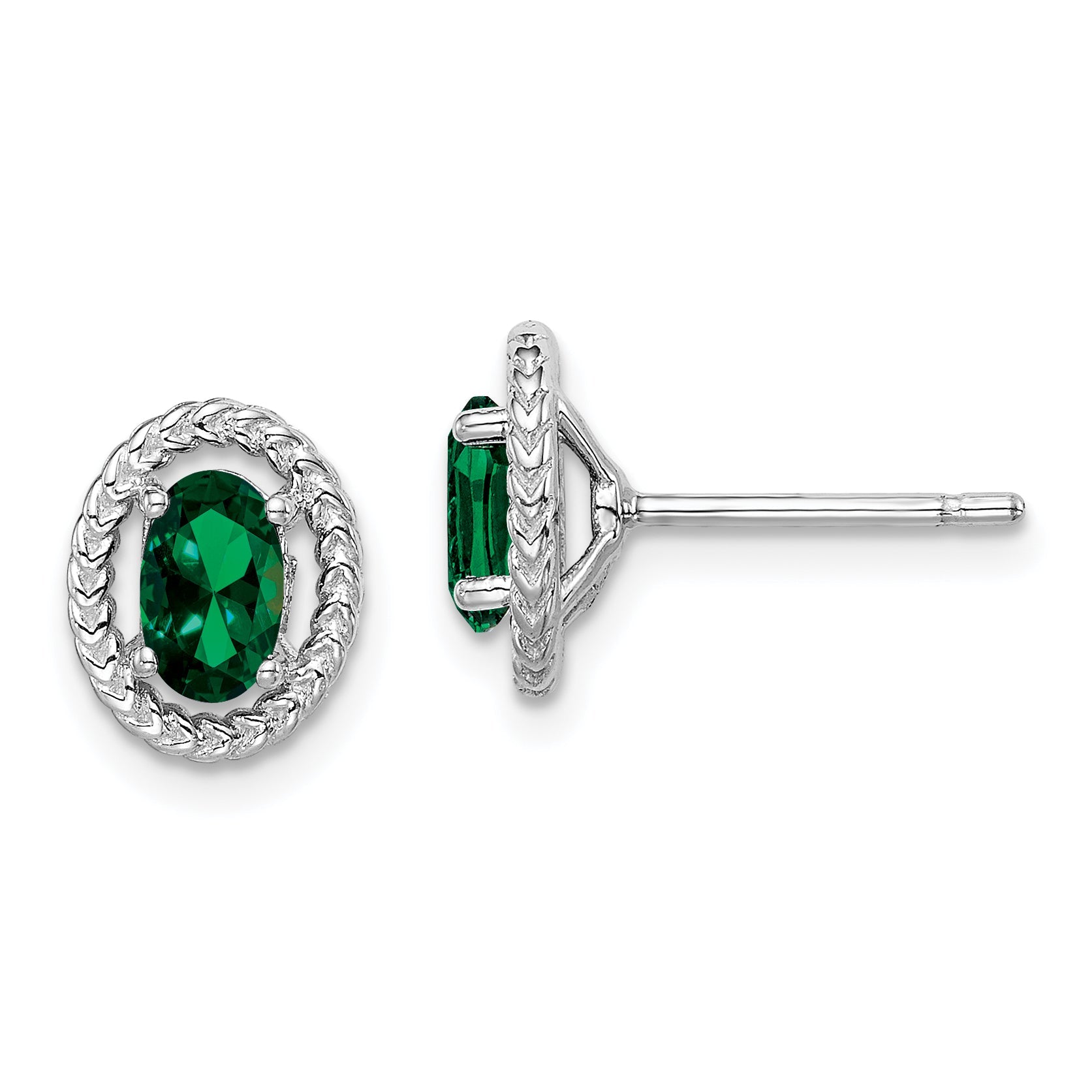 Sterling Silver Rhod-Plat Created Emerald Oval Post Earrings