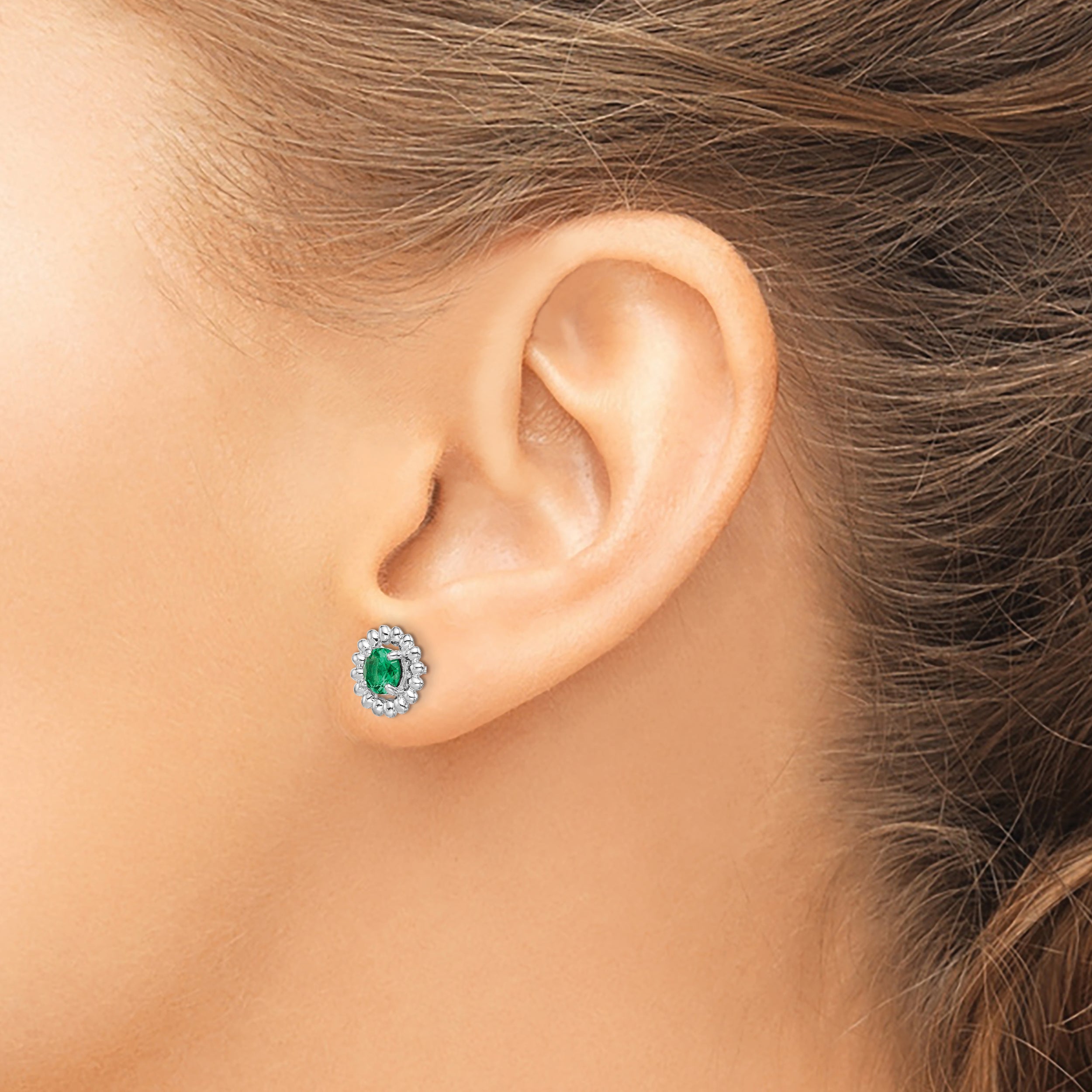 Sterling Silver Rhod-Plat Created Emerald Earrings