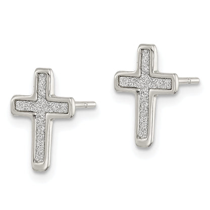 Sterling Silver Polished Glitter Infused Latin Cross Post Earrings