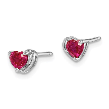 Sterling Silver Rhod-Plated Created Ruby Heart Post Earrings