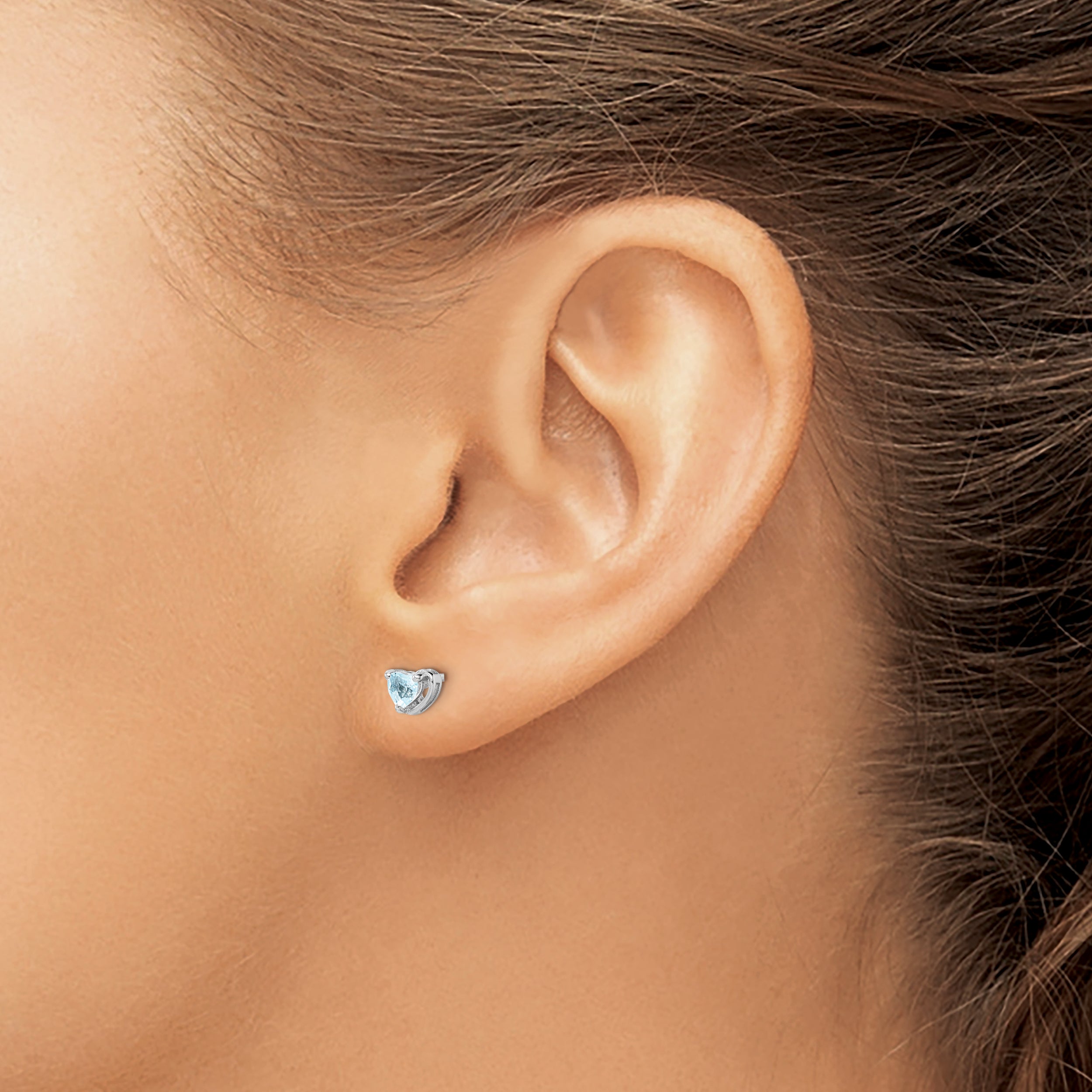Sterling Silver Rhod-Plated Aquamarine Heart Post Earrings