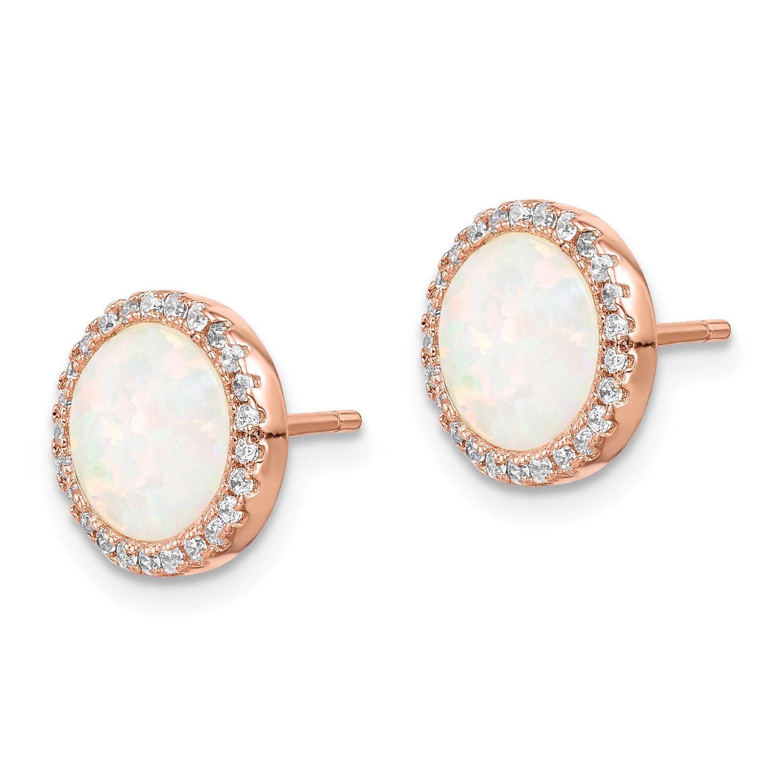 Sterling Silver Rose-Tone Created Opal & Cz Round Halo Post Earrings