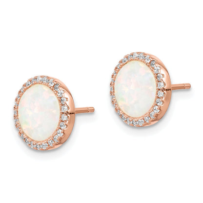 Sterling Silver Rose-Tone Created Opal & Cz Round Halo Post Earrings