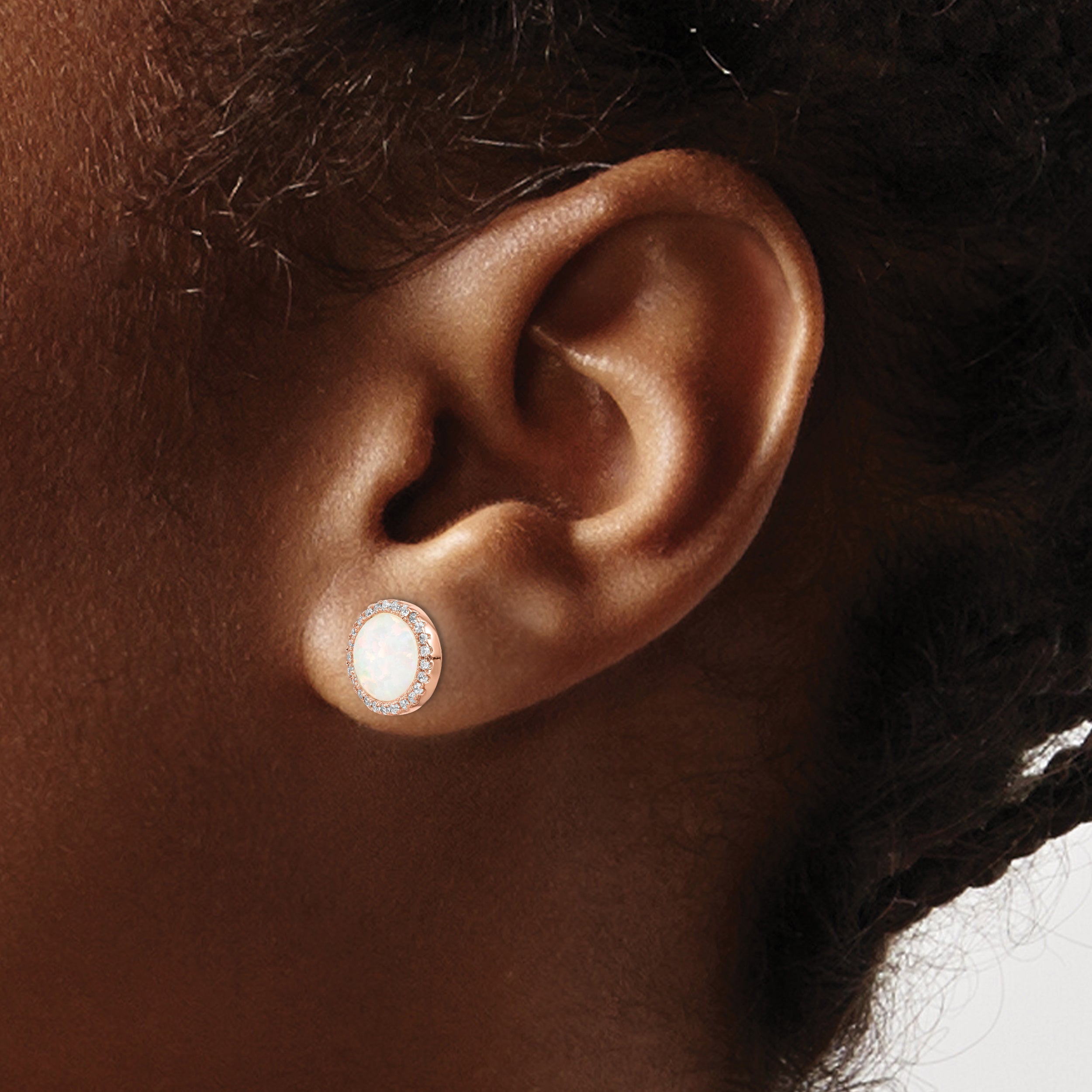 Sterling Silver Rose-Tone Created Opal & Cz Round Halo Post Earrings