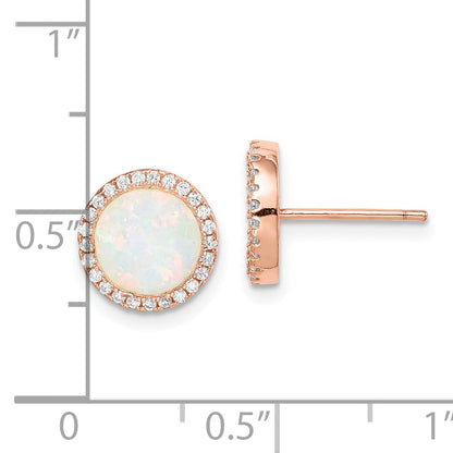 Sterling Silver Rose-Tone Created Opal & Cz Round Halo Post Earrings