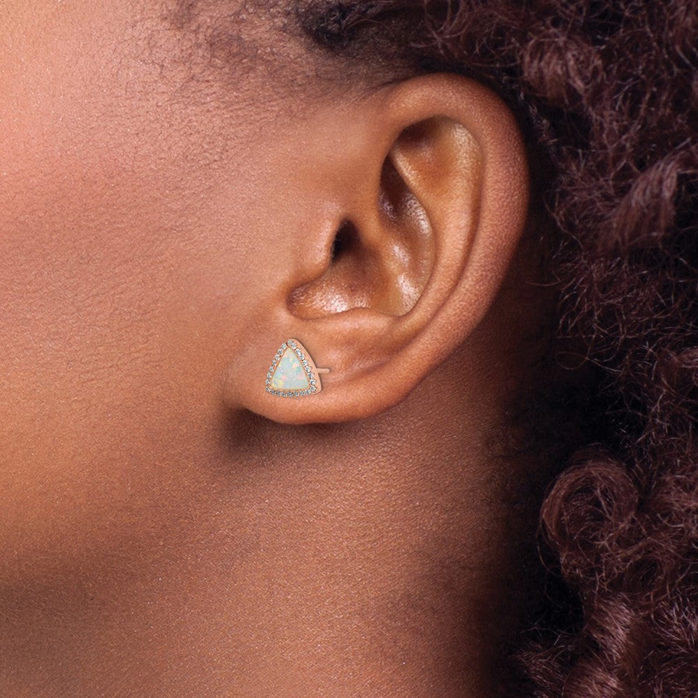 Sterling Silver Rose-Tone Created Opal & Cz Halo Triangle Post Earrings