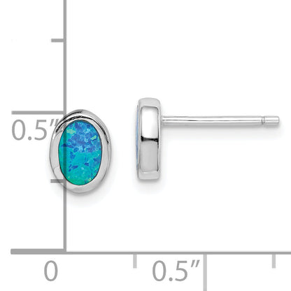 Sterling Silver Rh-Plated Polished Blue Created Opal Oval Stud Earrings