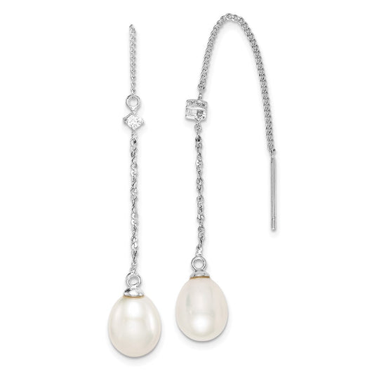 Sterling Silver Rhodium-Plated Polished White 7-8mm Freshwater Cultured Pearl & Cz Threader Earrings
