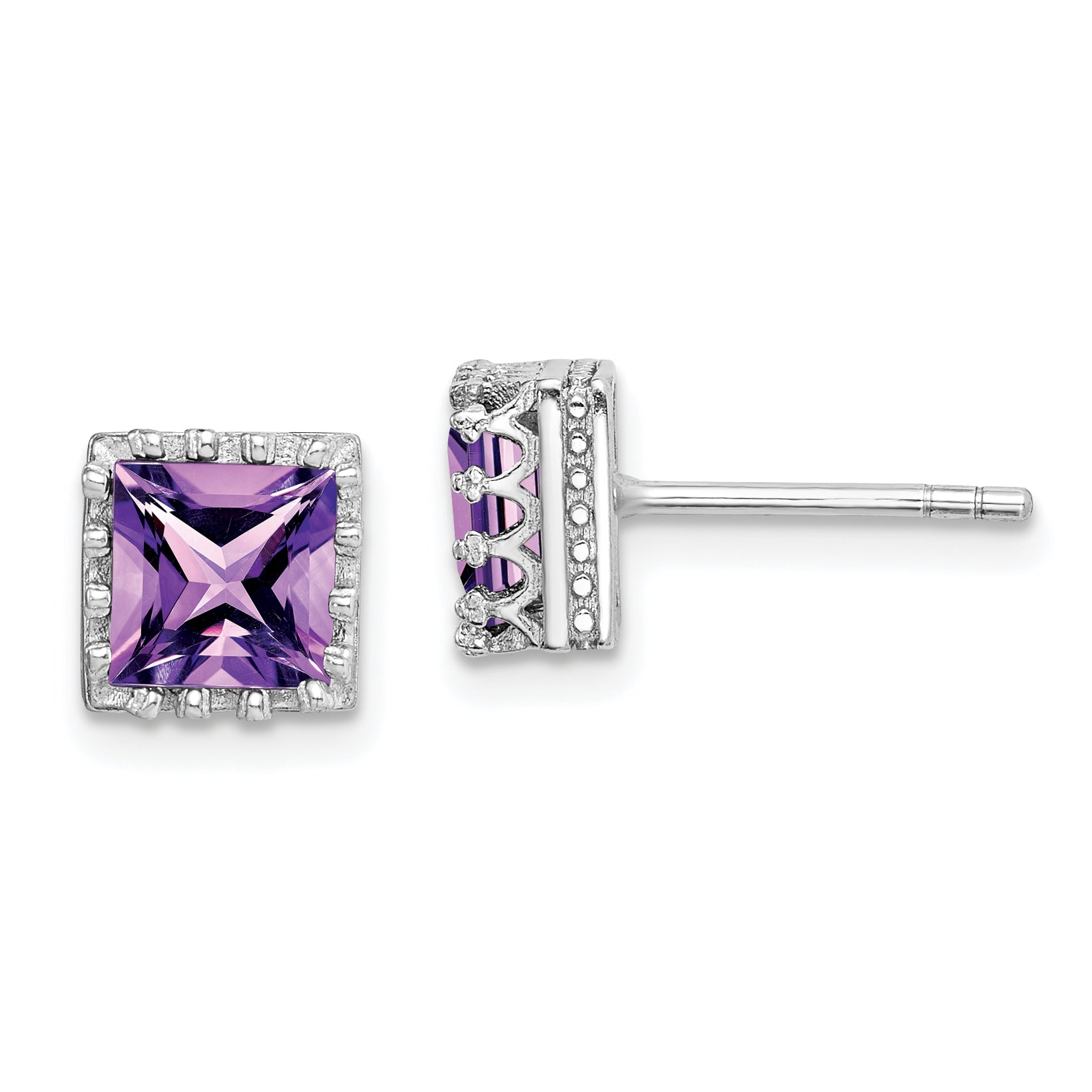 Sterling Silver Rhodium-Plated 6mm Polished Amethyst Post Earrings