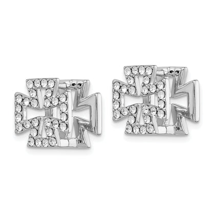 Sterling Silver Rh-Plated Blk Enamel Cross Crystal Hinged Earrings