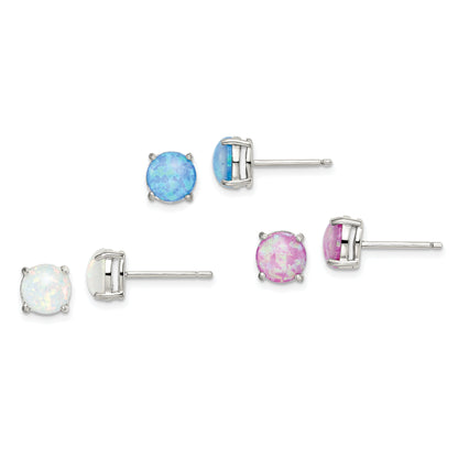 Sterling Silver Polished Pink, White & Blue 7mm Round Created Opal 3 Pair Set Of Stud Earrings