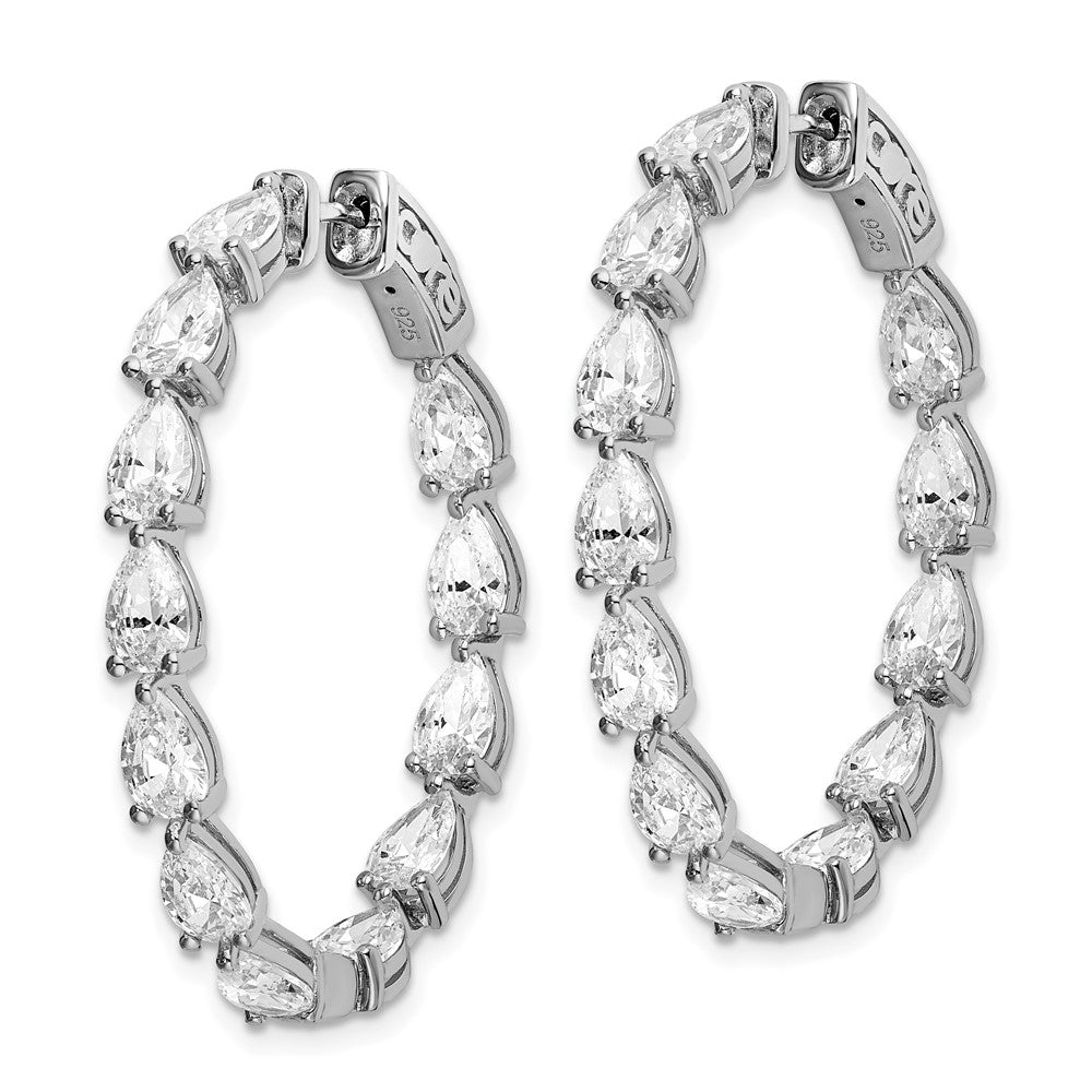 Sterling Silver Shimmer Rhodium-Plated 24 Stone Pear Shaped Cz Fancy In And Out Oval Hinged Hoop Earrings