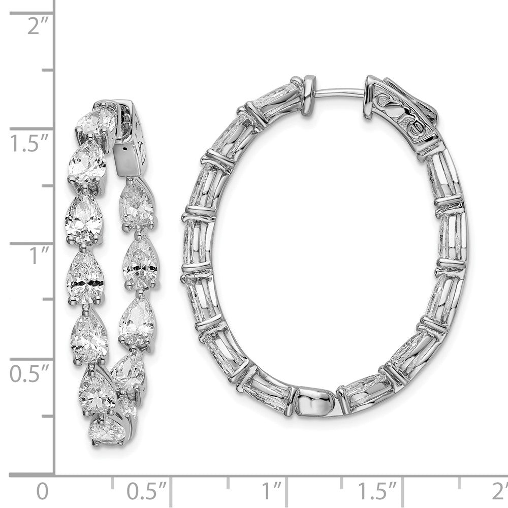 Sterling Silver Shimmer Rhodium-Plated 24 Stone Pear Shaped Cz Fancy In And Out Oval Hinged Hoop Earrings