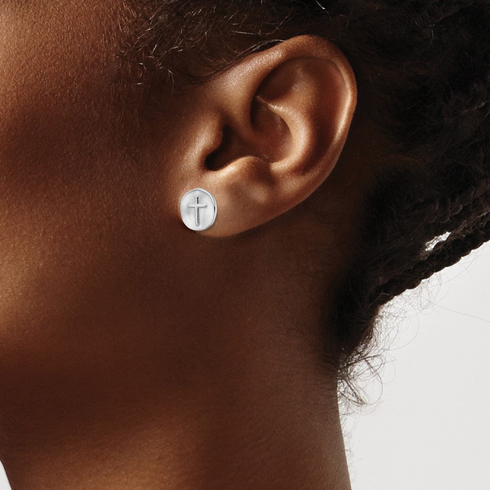 Sterling Silver Rhodium-Plated Cross In Satin Circle Post Earrings