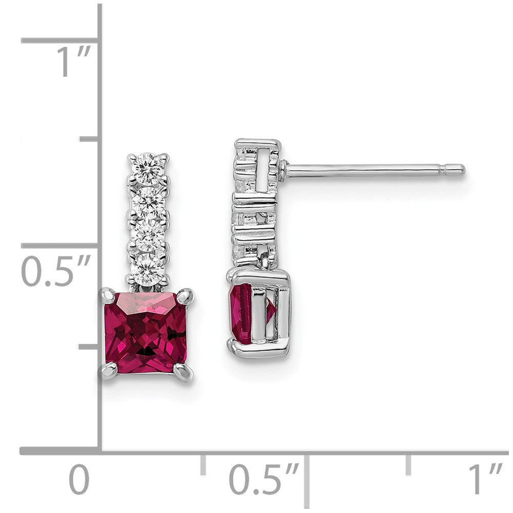 Sterling Silver Rhodium-Plated Created Ruby And Cz Post Dangle Earrings