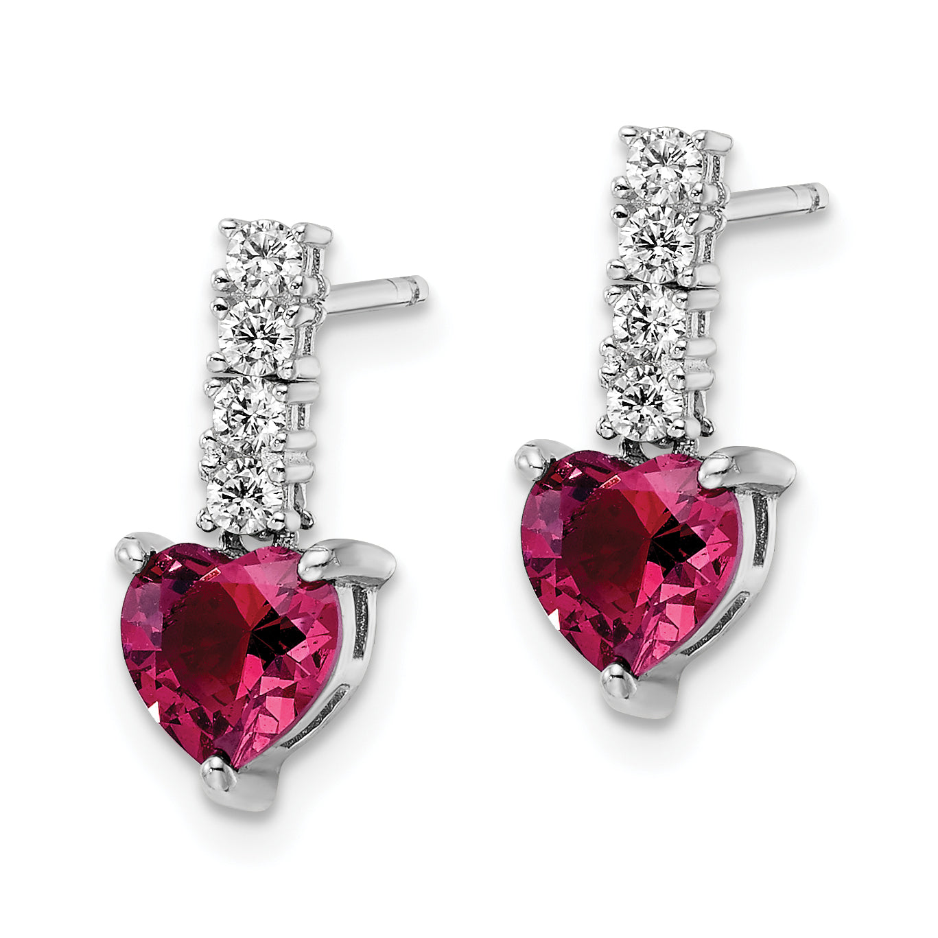 Sterling Silver Polish Rhod-Plated Created Ruby Heart Post Dangle Earrings