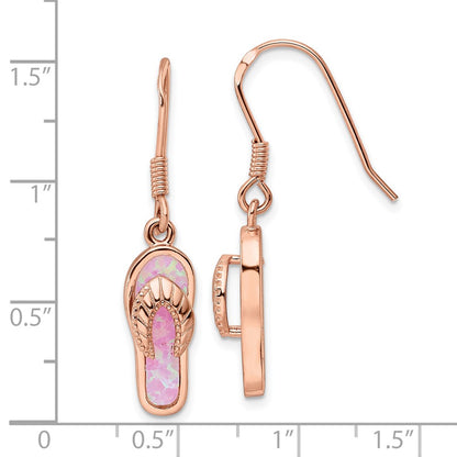 Sterling Silver Rose-Tone Pink Created Opal Inlay Flip Flop Dangle Earrings