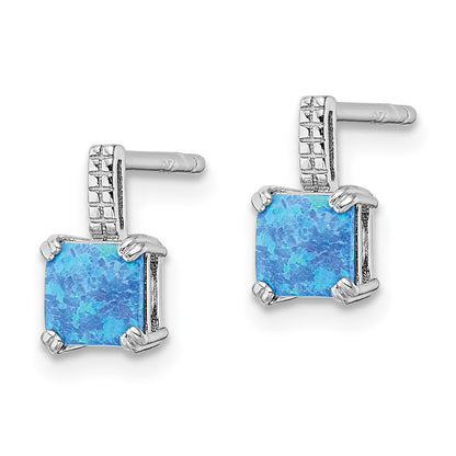 Sterling Silver Rhodium-Plated Square Blue Created Opal Post Earrings