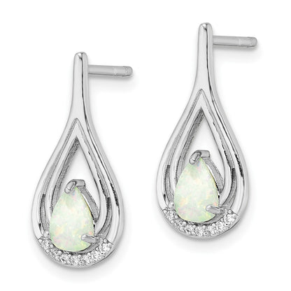 Sterling Silver Rh-Plated Pear Shape White Created Opal Cz Post Earrings
