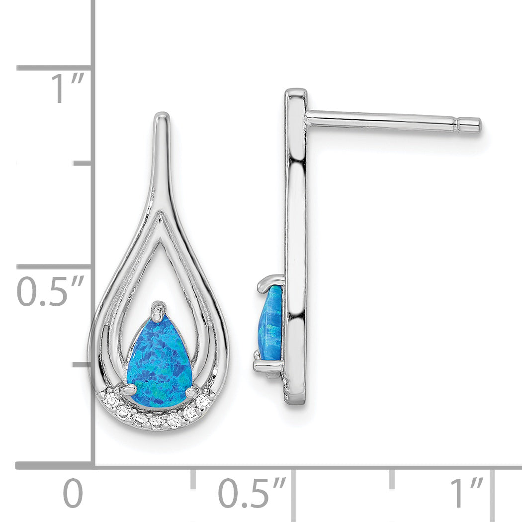 Sterling Silver Rh-Plated Pear Shape Blue Created Opal Cz Post Earrings