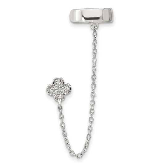 Sterling Silver Rh-Plated Cz Flower W/ 2Inch Chain Single Post & Cuff Earr