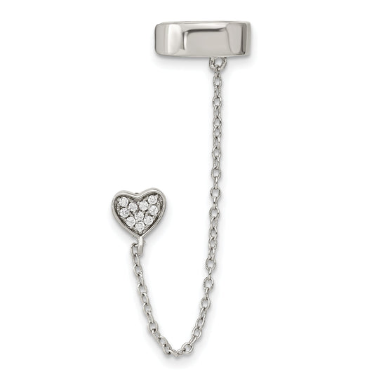 Sterling Silver Rh-Plated Cz Heart W/ 2In Chain Single Post & Cuff Earrin