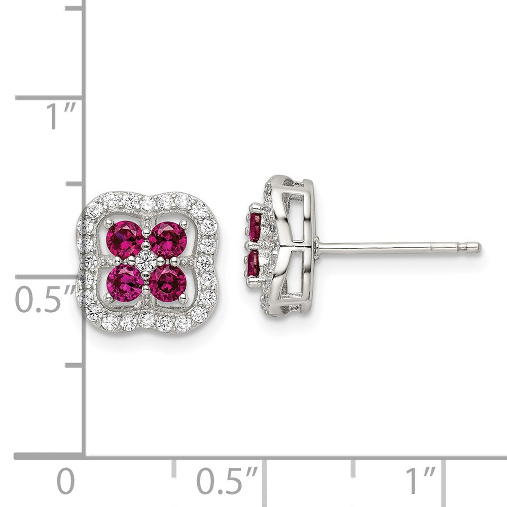 Sterling Silver Rhodium-Plated Created Ruby And Cz Clover Post Earrings