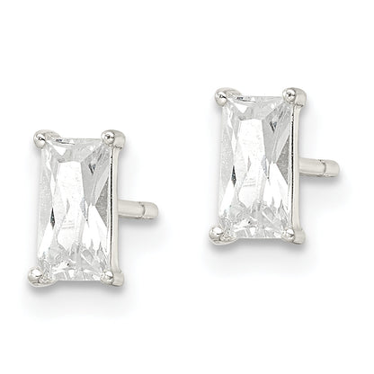 Sterling Silver Polished 6X3mm Emerald-Shape Cz Stud Earrings