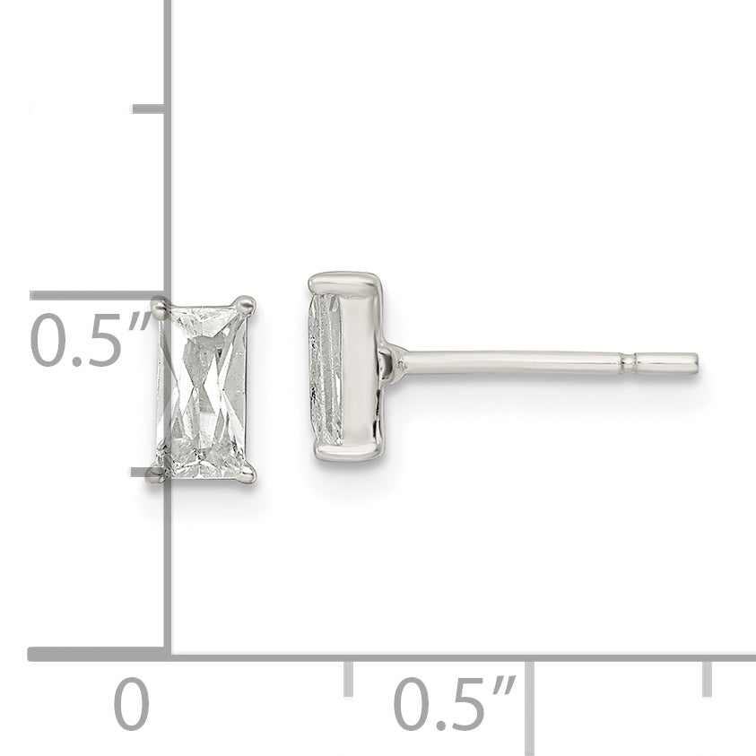 Sterling Silver Polished 6X3mm Emerald-Shape Cz Stud Earrings