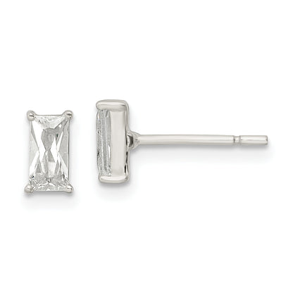 Sterling Silver Polished 6X3mm Emerald-Shape Cz Stud Earrings