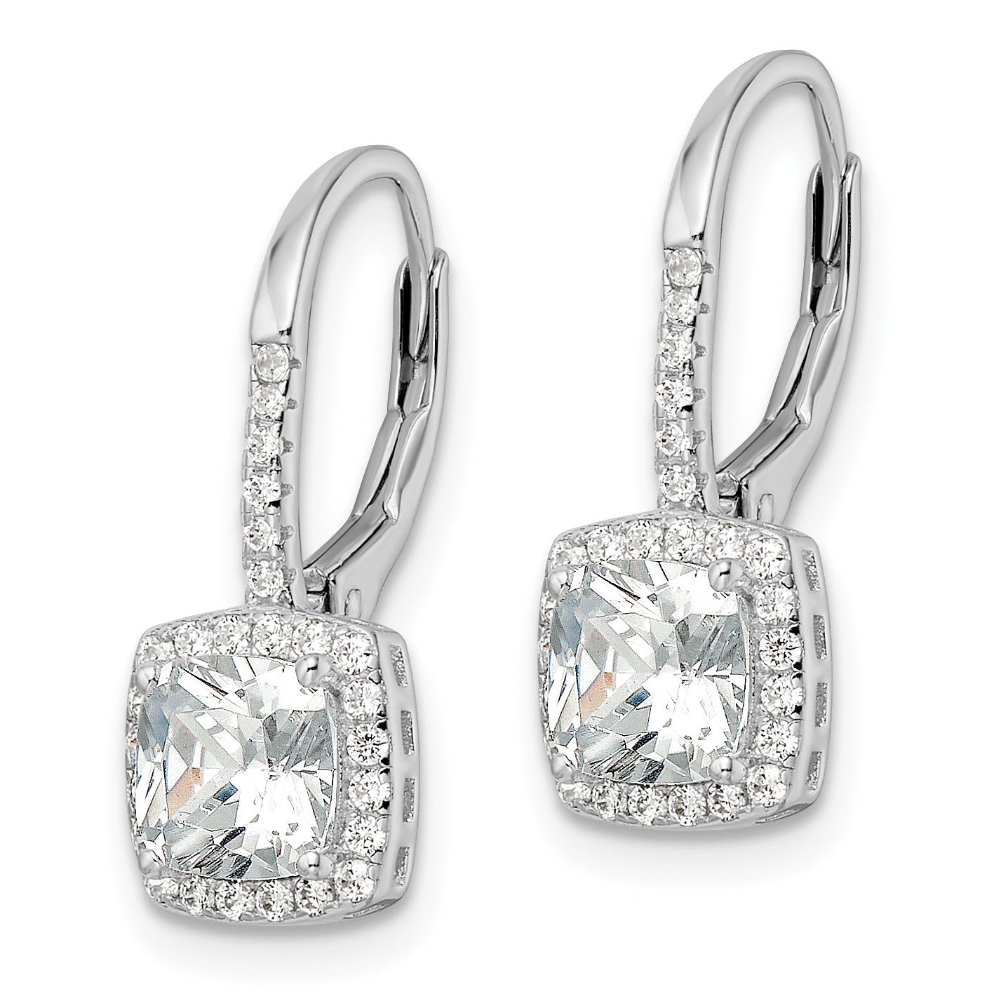 Sterling Silver Rh-Plated Polished Princess Cut Cz Halo Leverback Earrings