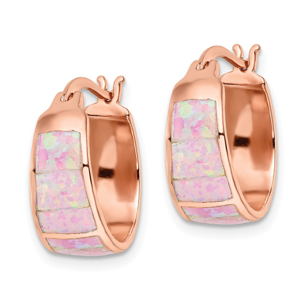 Sterling Silver Rose-Tone Polished Pink Created Opal Inlay Hoop Earrings