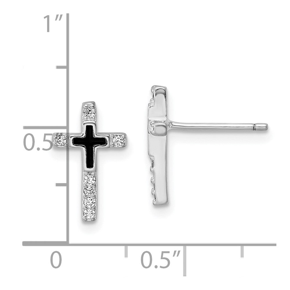 Sterling Silver Rh-Plated Enamel Cz Cross Post Earrings
