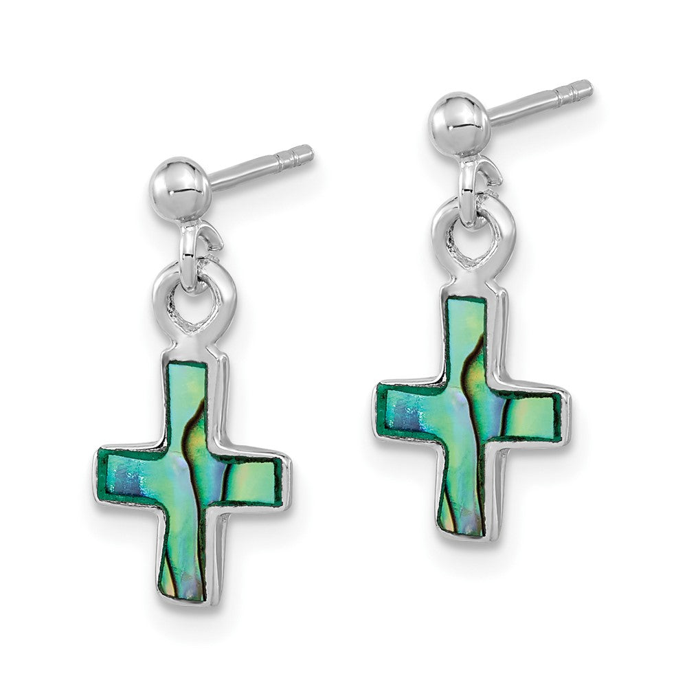Sterling Silver Rhodium-Plated Polished Abalone Cross Dangle Post Earrings