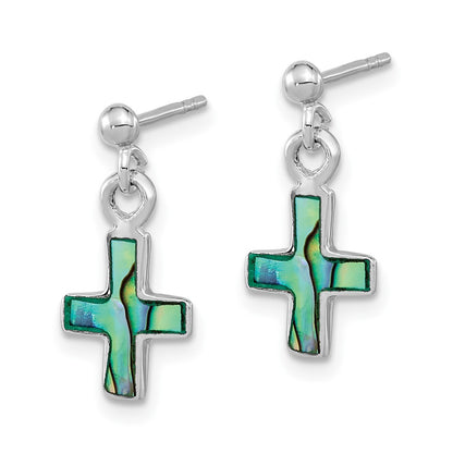 Sterling Silver Rhodium-Plated Polished Abalone Cross Dangle Post Earrings