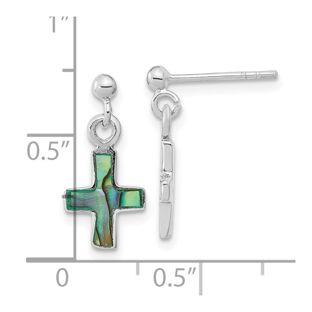Sterling Silver Rhodium-Plated Polished Abalone Cross Dangle Post Earrings