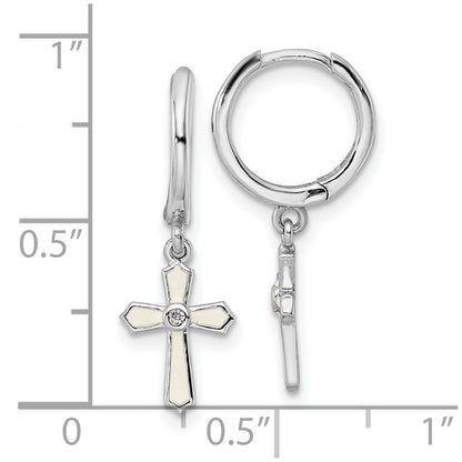 Sterling Silver Rhodium-Plated Polished Cz & White Enamel Passion Cross Dangle Round Hoop Earrings