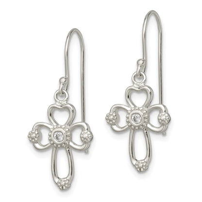 Sterling Silver Polished & Beaded Cz Cross Dangle Earrings